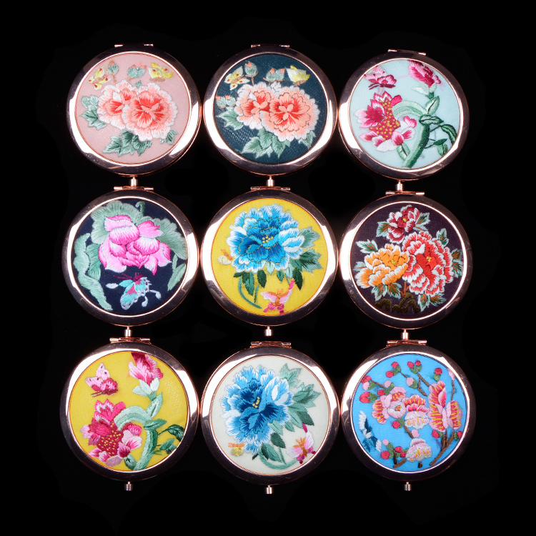 吉隆化妆随身镜精品出国送礼刺绣中国风古风摄影 手绣镜子